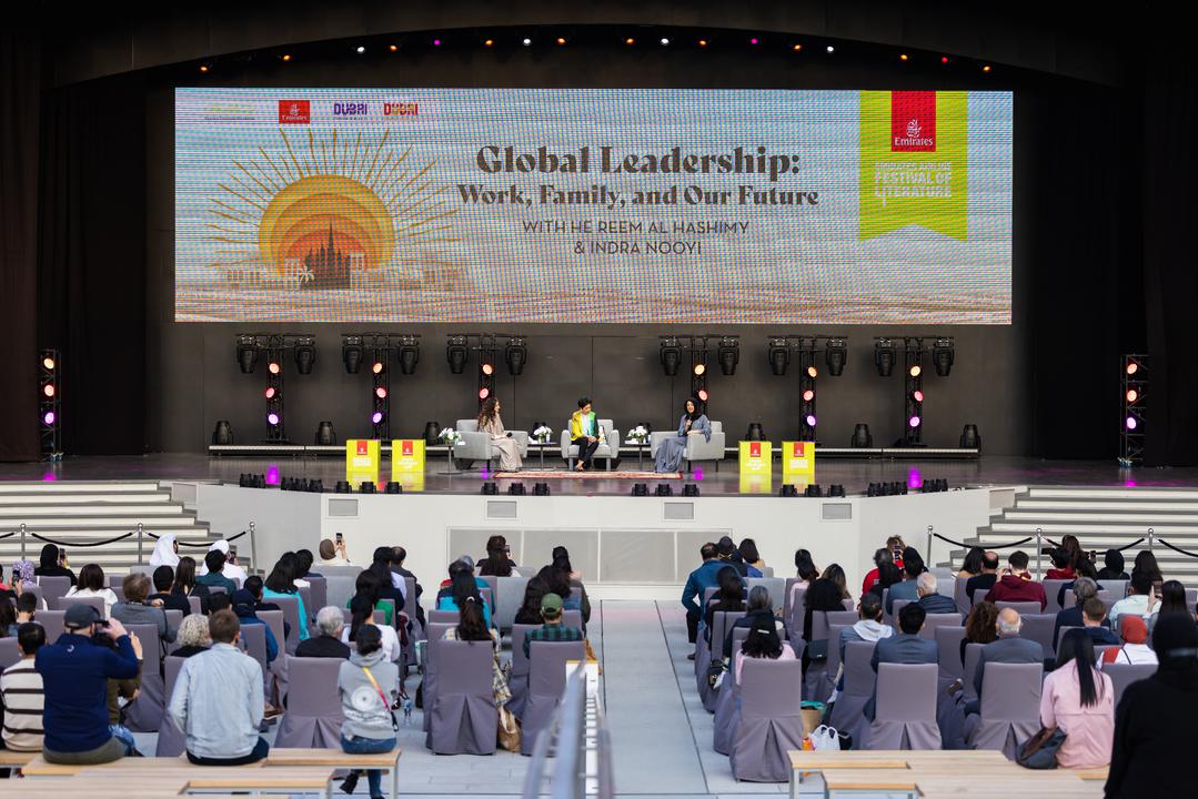 Her Excellency Reem Ebrahim Al Hashimy (R), UAE Minister of State for International Cooperation and Director General of Expo 2020 Dubai & Indra Nooyi (C), Indian-American business executive and former chairperson and CEO of PepsiCo speaks at the Global Leadership: Work, Family, and Our Future event at Dubai Millennium Amphitheatre